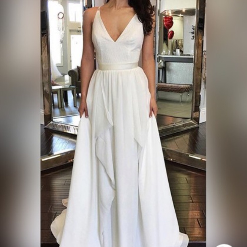 White Chiffon prom dress, A-line V-neck open back